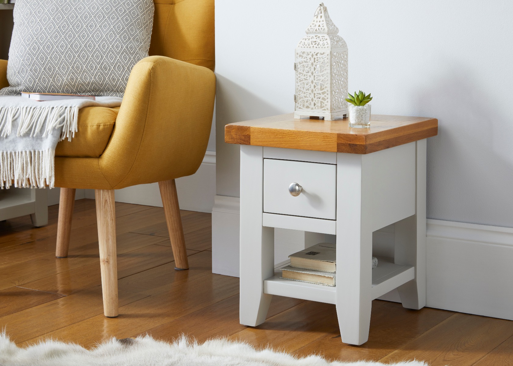 Cheshire Grey Painted Oak Lamp Table with Drawer Fully Assembled