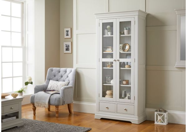 Toulouse Grey Painted Tall Glass Display Cabinet with Drawers | Fully ...