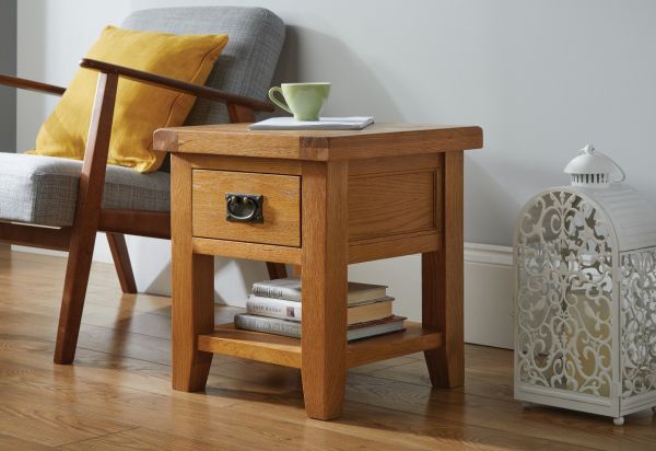 Country Oak Lamp Table with Drawer & Shelf