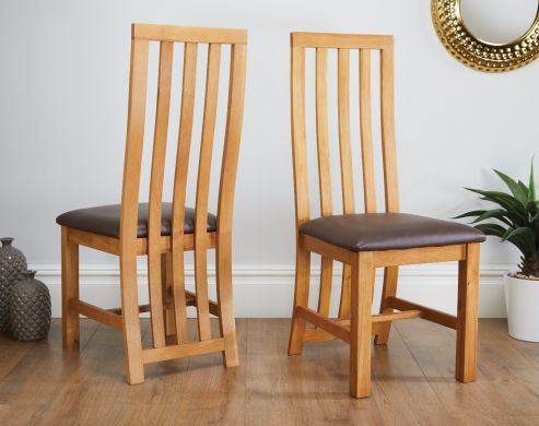 Dorchester Slatted Back Oak Dining Chair Brown Leather Pad - WINTER MEGA DEAL - 5 LEFT IN STOCK