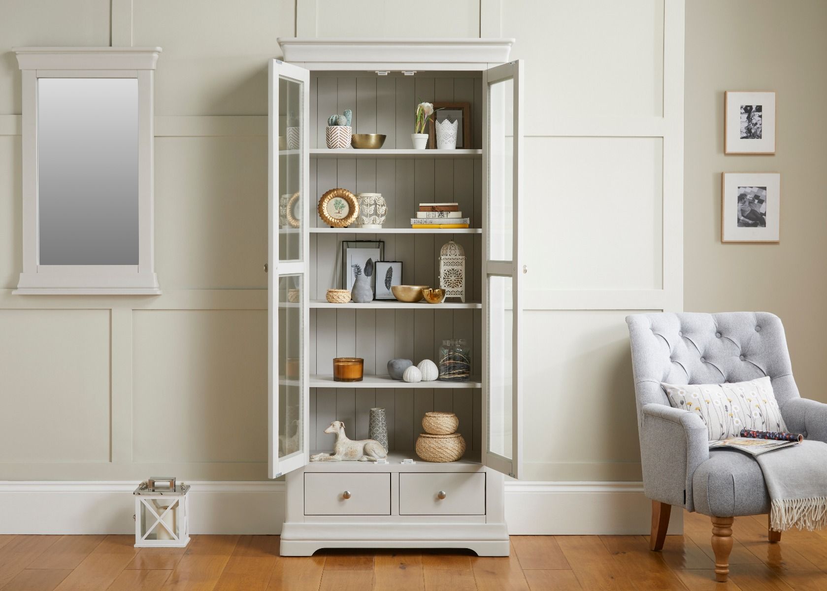 Toulouse Grey Painted Tall Glass Display Cabinet with Drawers | Fully ...